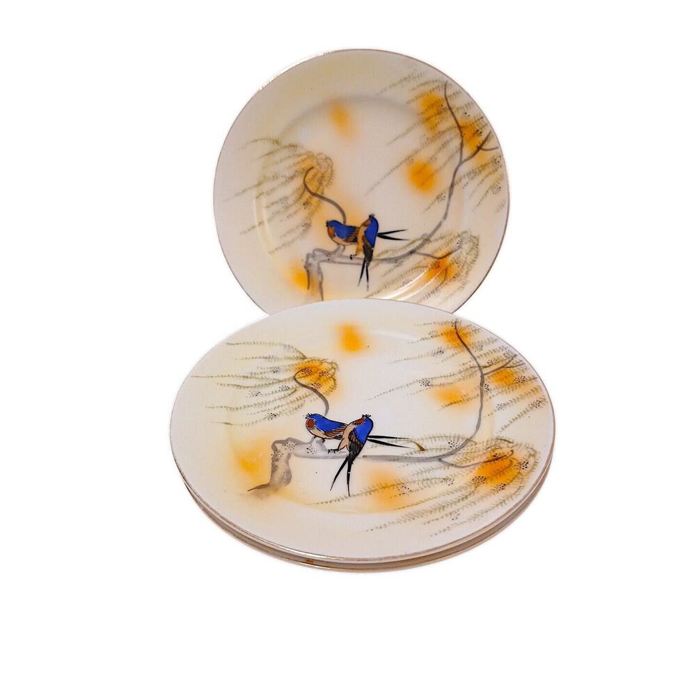 3  Antique 1920s Nippon Saucers Porcelain Blue Sparrow Willow Japan Hand Painted